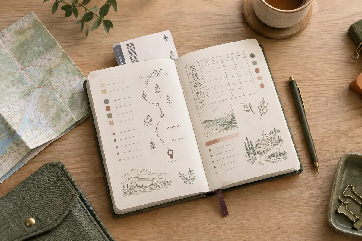 Carnet de voyage ouvert avec itinéraire, tableau de dépenses et stylo sur une table claire