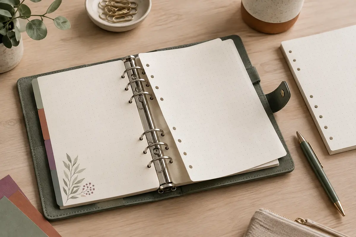 Carnet de bullet journal à anneaux ouvert, avec une page pointillée retirée et des recharges à côté