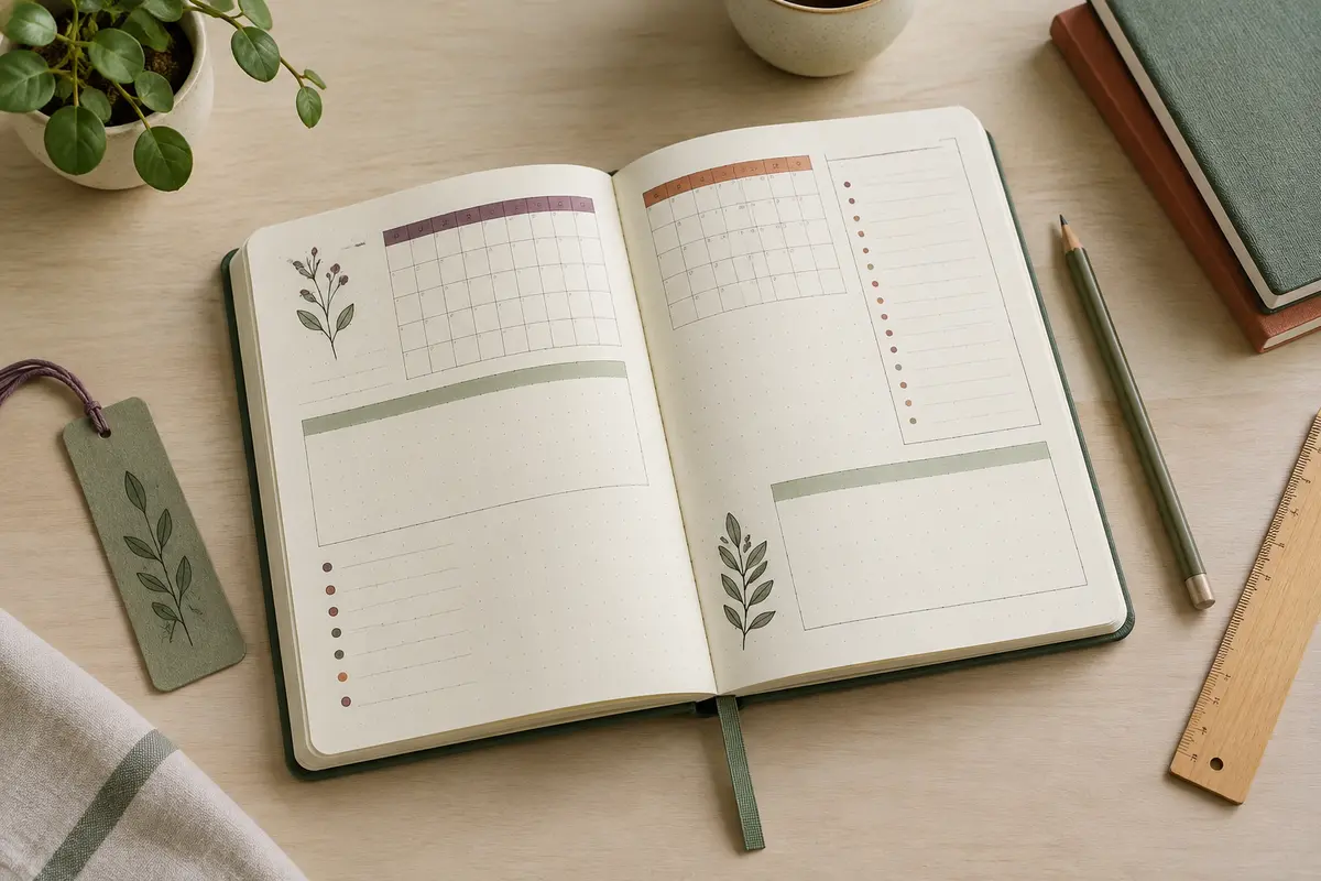 Carnet de bullet journal ouvert sur des calendriers guidés et des espaces libres, avec crayon et règle