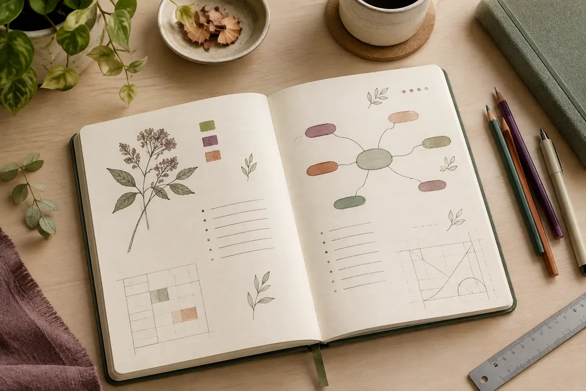 Carnet ouvert à pages blanches mêlant croquis, notes et schéma avec quelques outils de mise en page