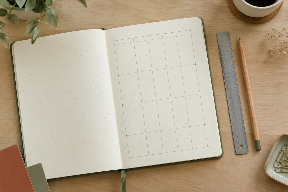 Carnet ouvert montrant un tableau régulier tracé sur une grille de points avec une règle et un crayon.