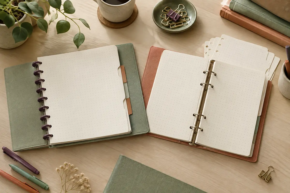 Deux carnets ouverts, l’un à disques et l’autre à anneaux, avec des pages pointillées déplaçables