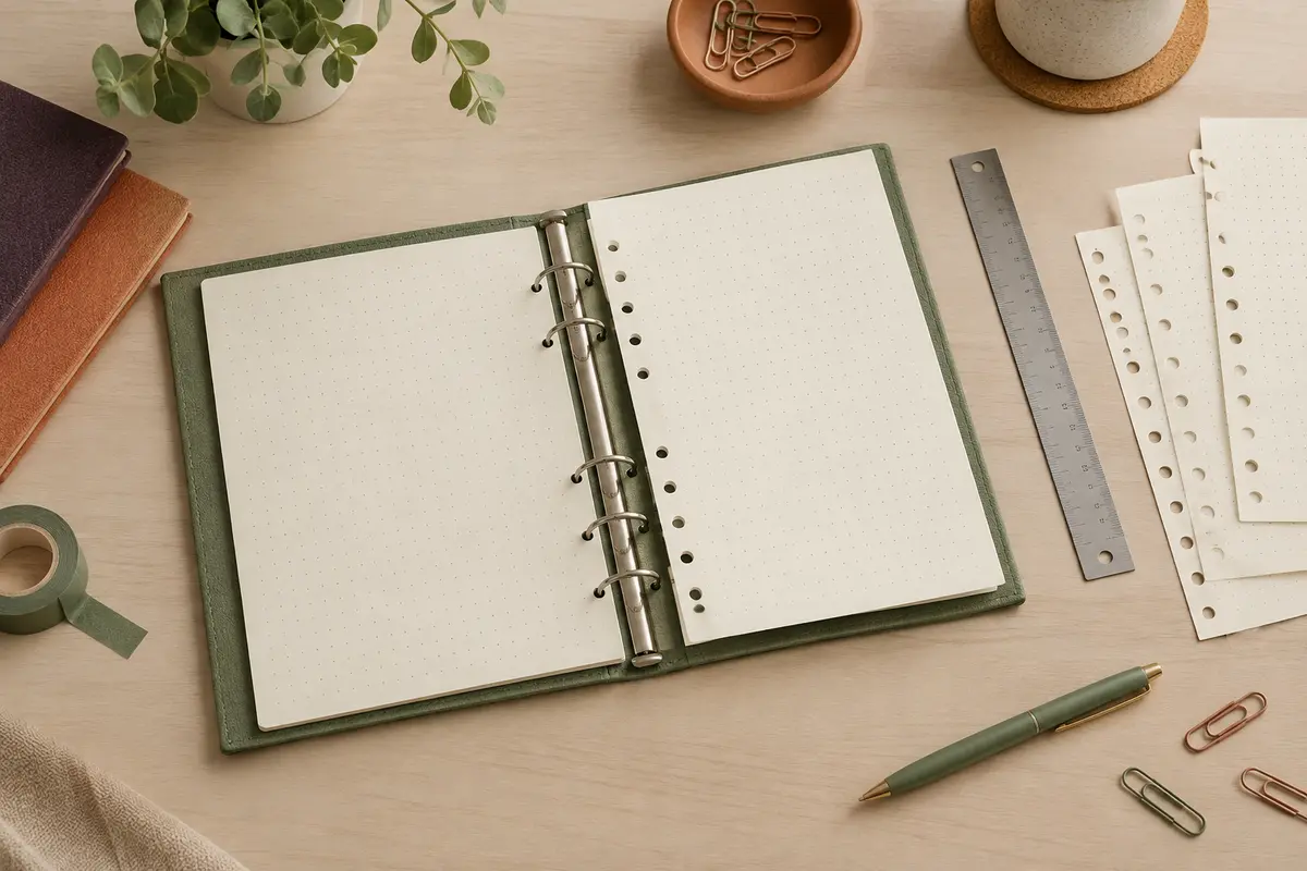 Carnet à anneaux ouvert avec une recharge pointillée et une règle pour comparer les dimensions et les perforations.