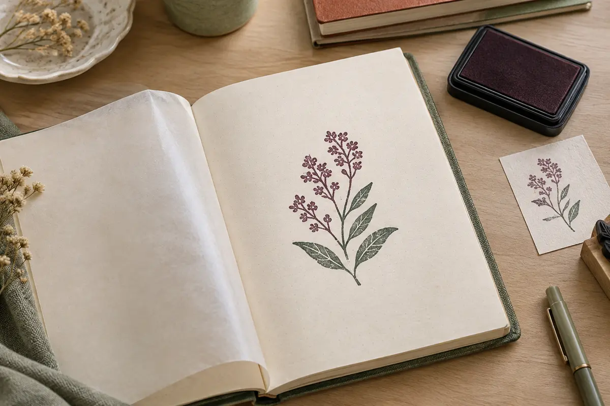 Bullet journal ouvert avec une empreinte de tampon sur papier fin, laissé à sécher sur une feuille de protection.