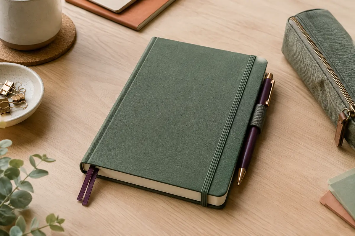 Carnet de bullet journal fermé avec un porte-stylo élastique fixé près du bord extérieur