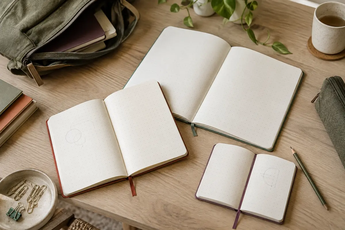 Carnets de plusieurs formats ouverts sur un bureau, près d’un sac, pour comparer espace d’écriture et transport.