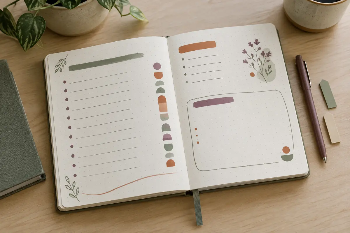 Carnet à pointillés ouvert sur un index thématique, avec onglets sobres et stylo posé à côté.