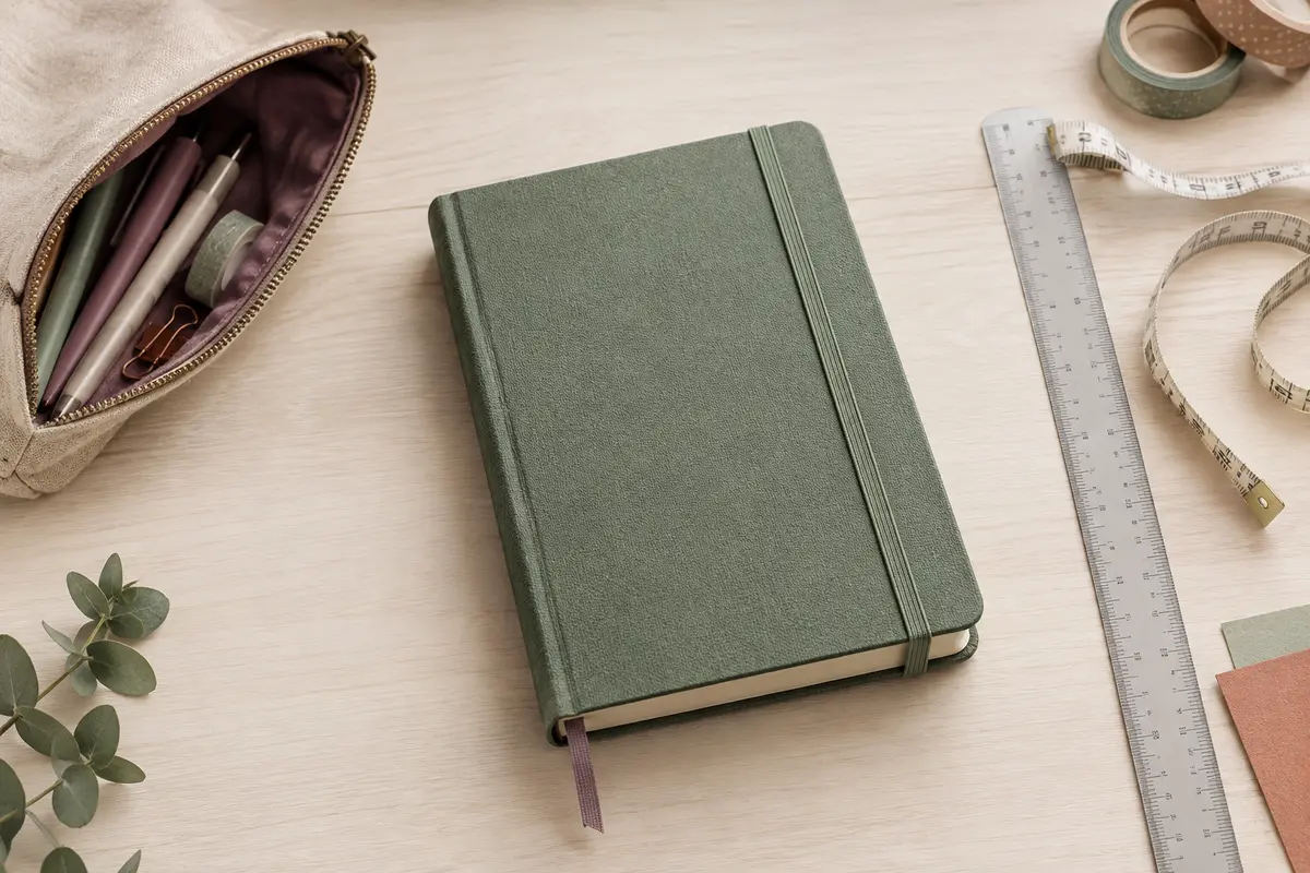 Carnet fermé, règle et étui ouvert illustrant la mesure de la hauteur, de la largeur et de l’épaisseur