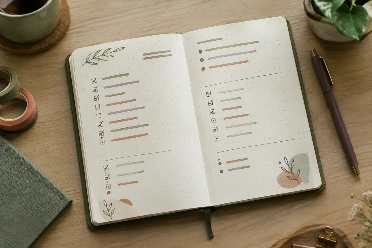 Carnet à pointillés ouvert avec une liste de tâches à revoir et un stylo posé sur le bureau
