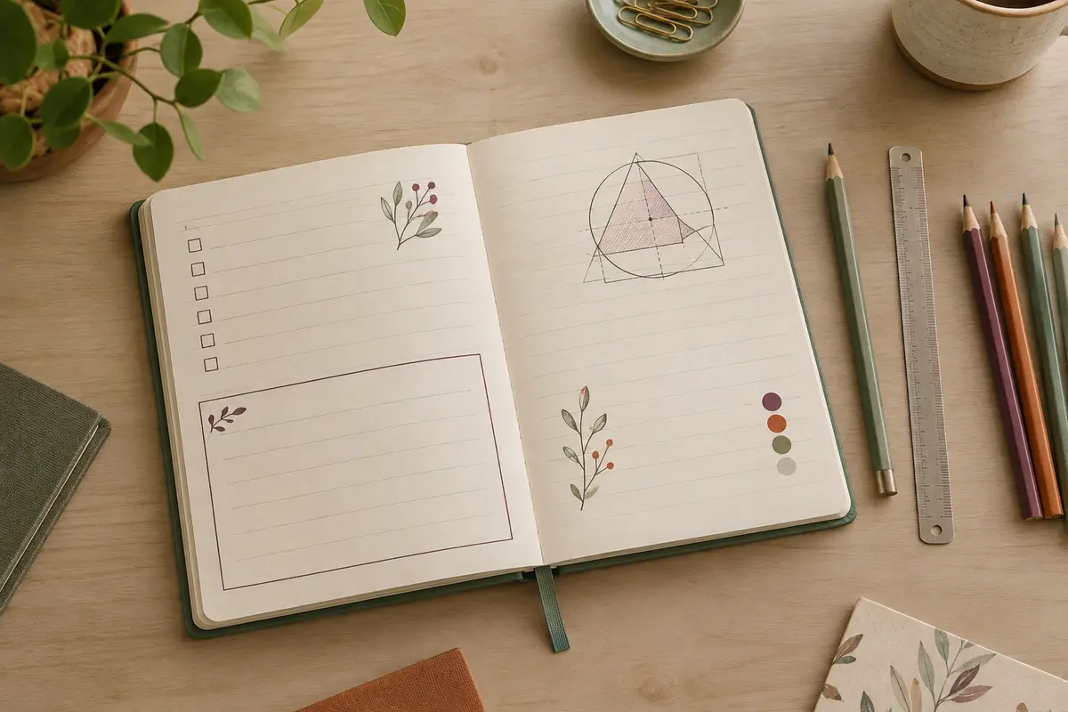 Carnet ligné ouvert avec une liste à cocher, des notes organisées et un croquis simple au crayon.