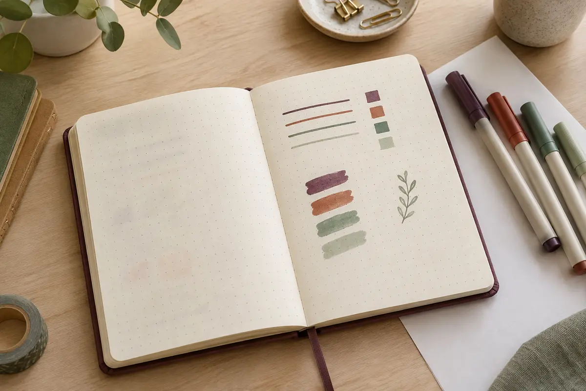 Carnet pointillé ouvert avec des essais de feutres pour observer la transparence du papier