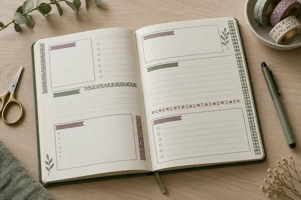 Bullet journal ouvert avec du ruban washi posé dans les marges sans masquer les repères de la page