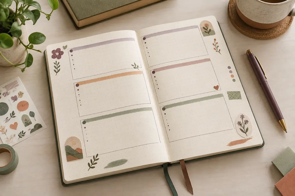 Bullet journal ouvert avec quelques stickers en marge et de larges espaces réservés aux notes