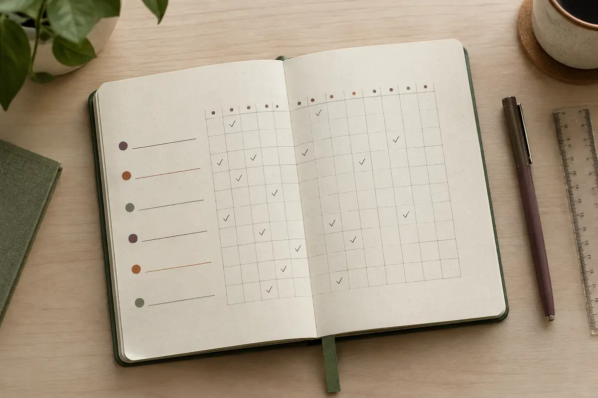 Page aérée de bullet journal avec une grille simple de suivi d’habitudes et quelques cases cochées