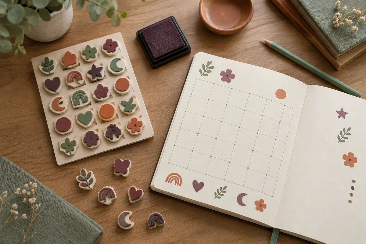 Tampons en mousse pour bullet journal posés près d’un carnet ouvert et d’un encreur prune