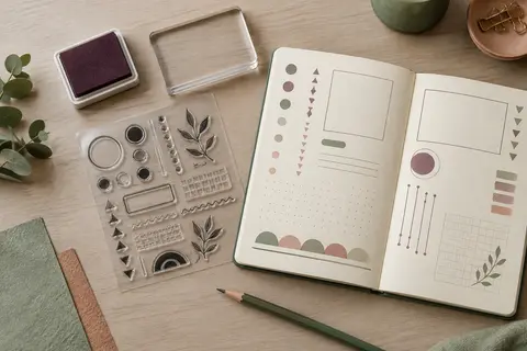 Planche de tampons transparents pour trackers posée sur un carnet ivoire avec un bloc acrylique et un encreur