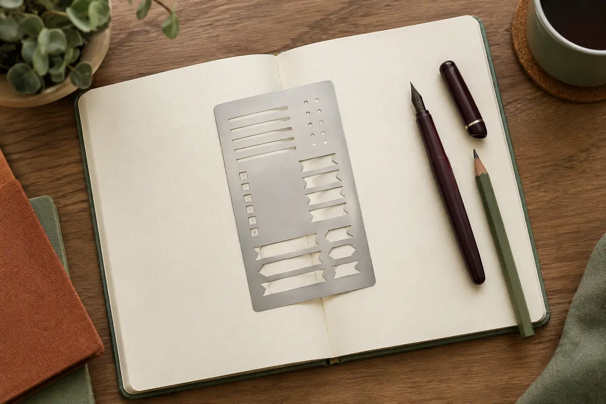 Pochoir métallique argenté posé sur un carnet ivoire avec un crayon et des accessoires de bullet journal.