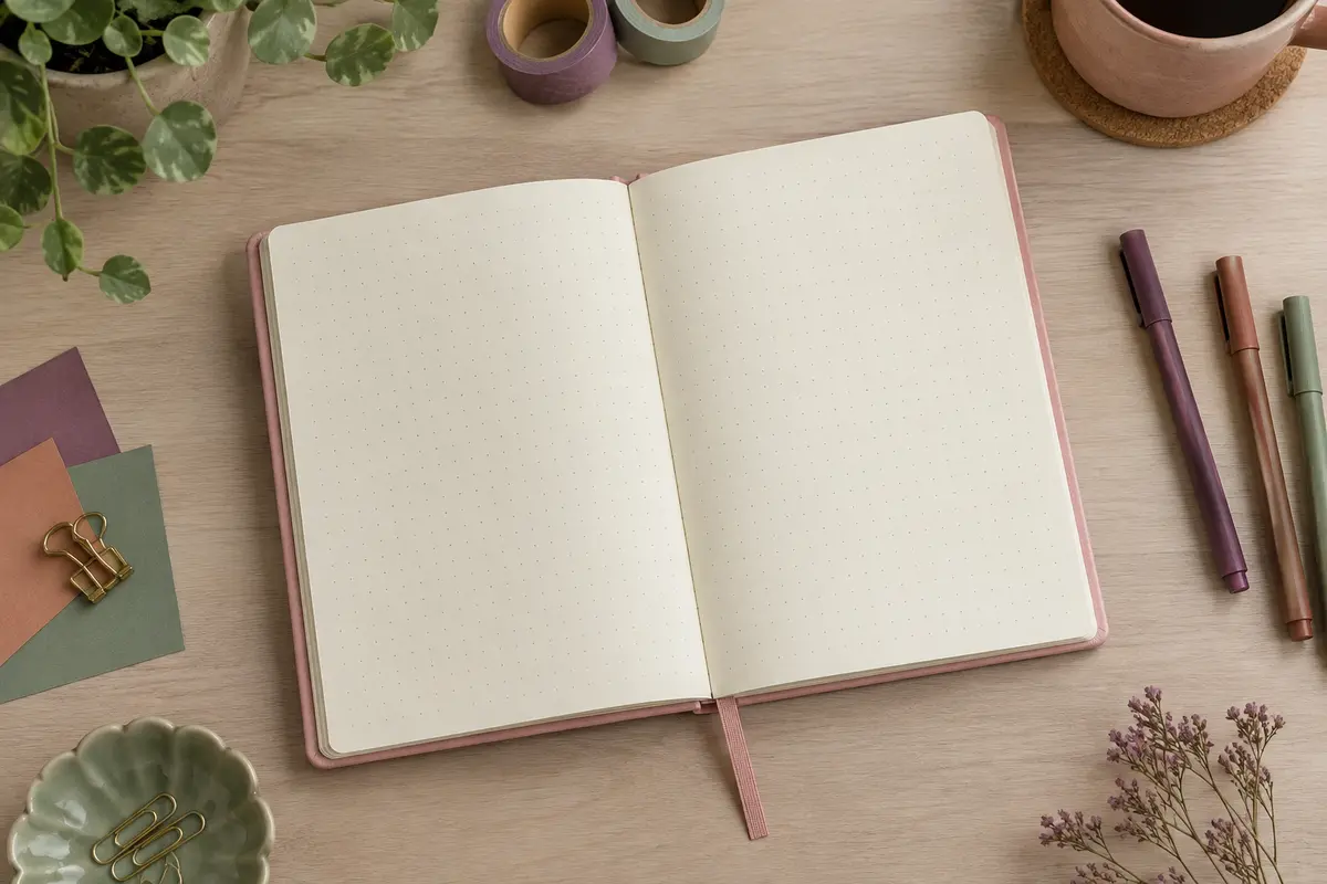 Carnet pointillé à couverture rose ouvert sur un bureau, avec pages ivoire et accessoires de bullet journal