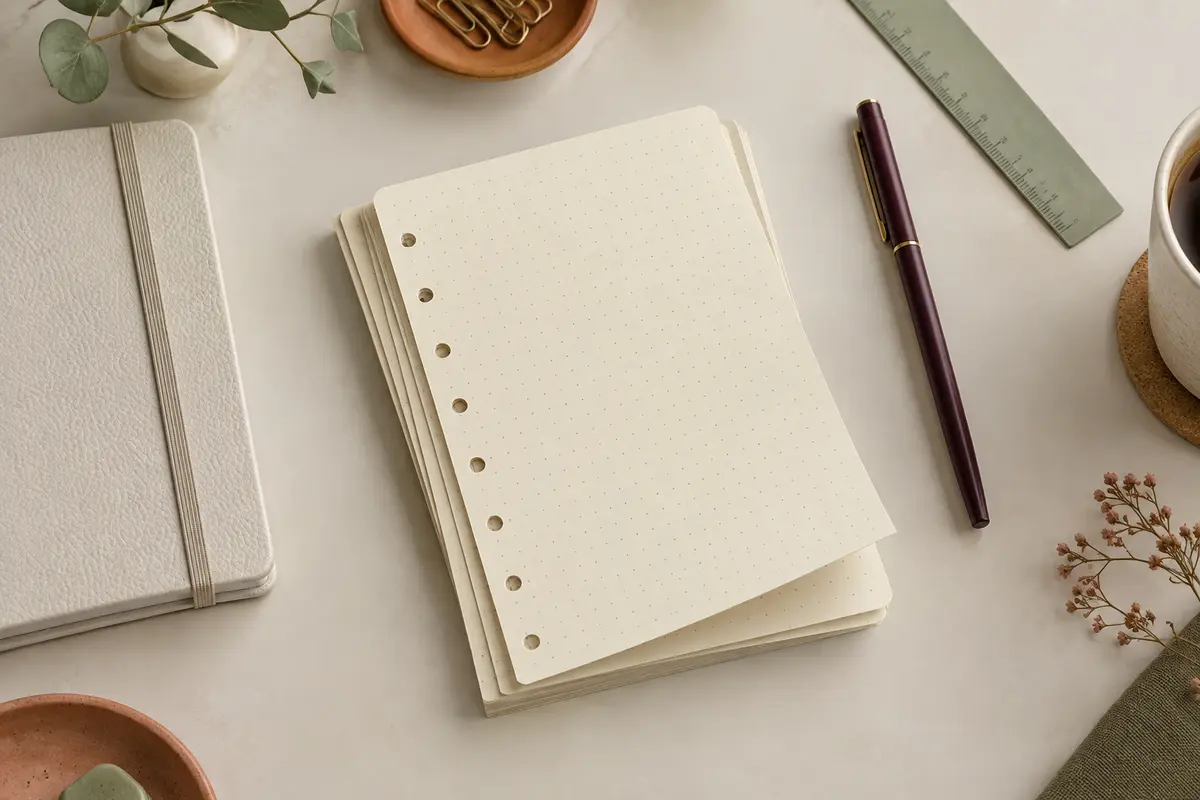 Recharge de feuilles pointillées beige au format A6, perforées à six trous et posées sur un bureau