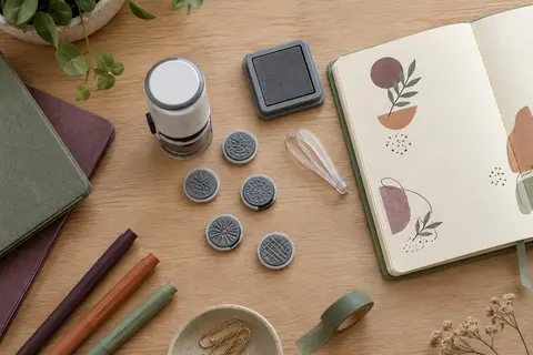 Tampon rond Colop Little NIO, motifs interchangeables et pince transparente sur un carnet ouvert