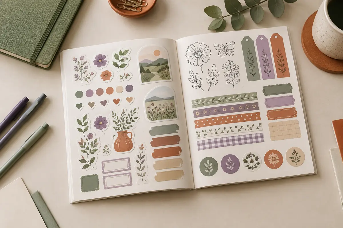 Livre broché ouvert sur des pages de stickers colorés et à colorier, posé sur un bureau de bullet journal