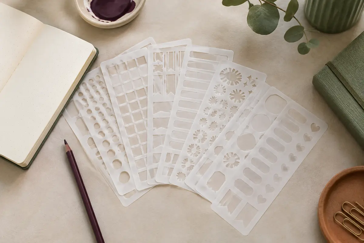 Lot de pochoirs blancs en PET posé près d’un carnet ivoire et d’accessoires de bullet journal