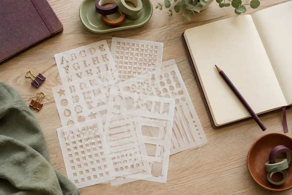 Pochoirs blanc laiteux aux motifs variés posés à côté d’un carnet ivoire sur un bureau