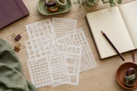 Pochoirs blanc laiteux aux motifs variés posés à côté d’un carnet ivoire sur un bureau