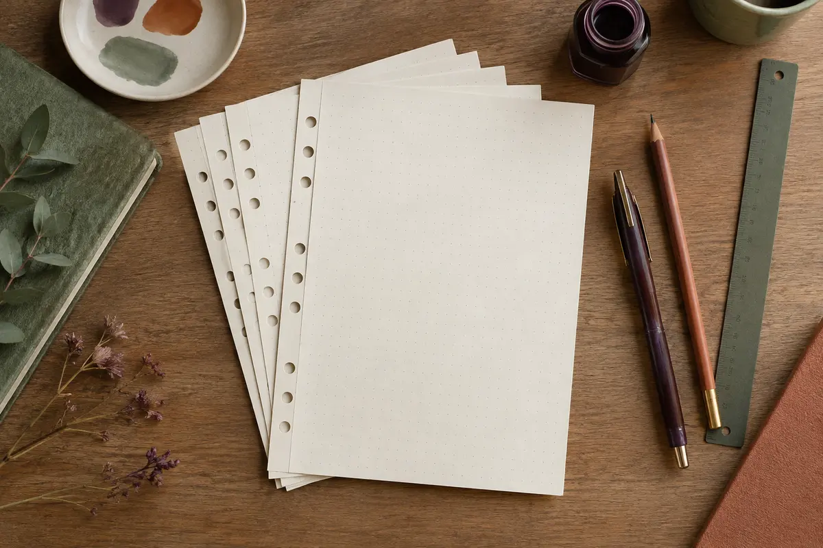 Feuilles pointillées A5 à six perforations posées sur un bureau avec un stylo et un crayon