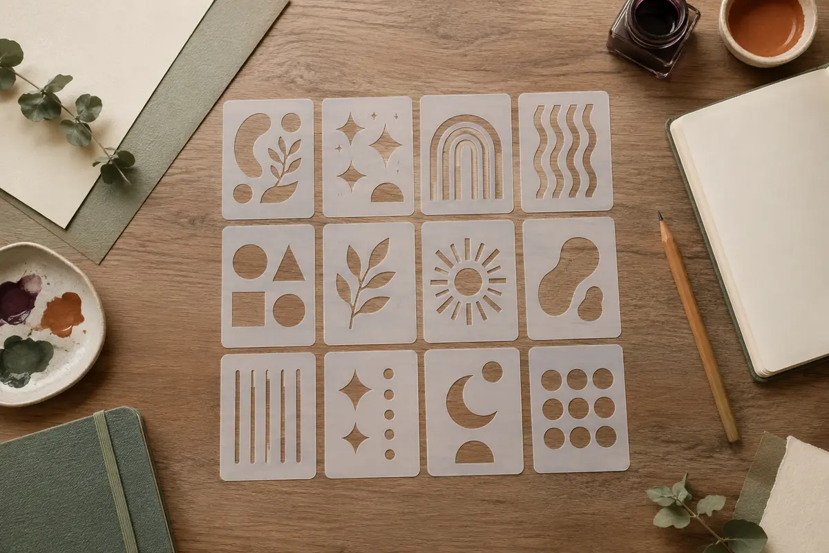 Douze pochoirs blancs aux motifs de lettres, chiffres, formes et lignes posés sur un bureau créatif