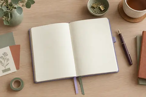 Carnet pointillé lilas ouvert sur des pages ivoire, avec deux rubans et des accessoires de bullet journal