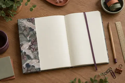 Carnet A5 à couverture rigide ornée de grues japonaises, ouvert sur des pages pointillées avec un ruban marque-page.
