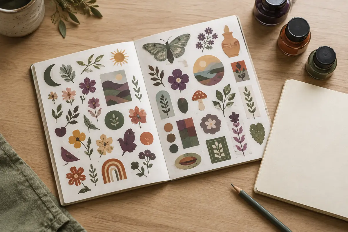 Carnet ouvert de stickers colorés posé près d’un bullet journal sur un bureau clair