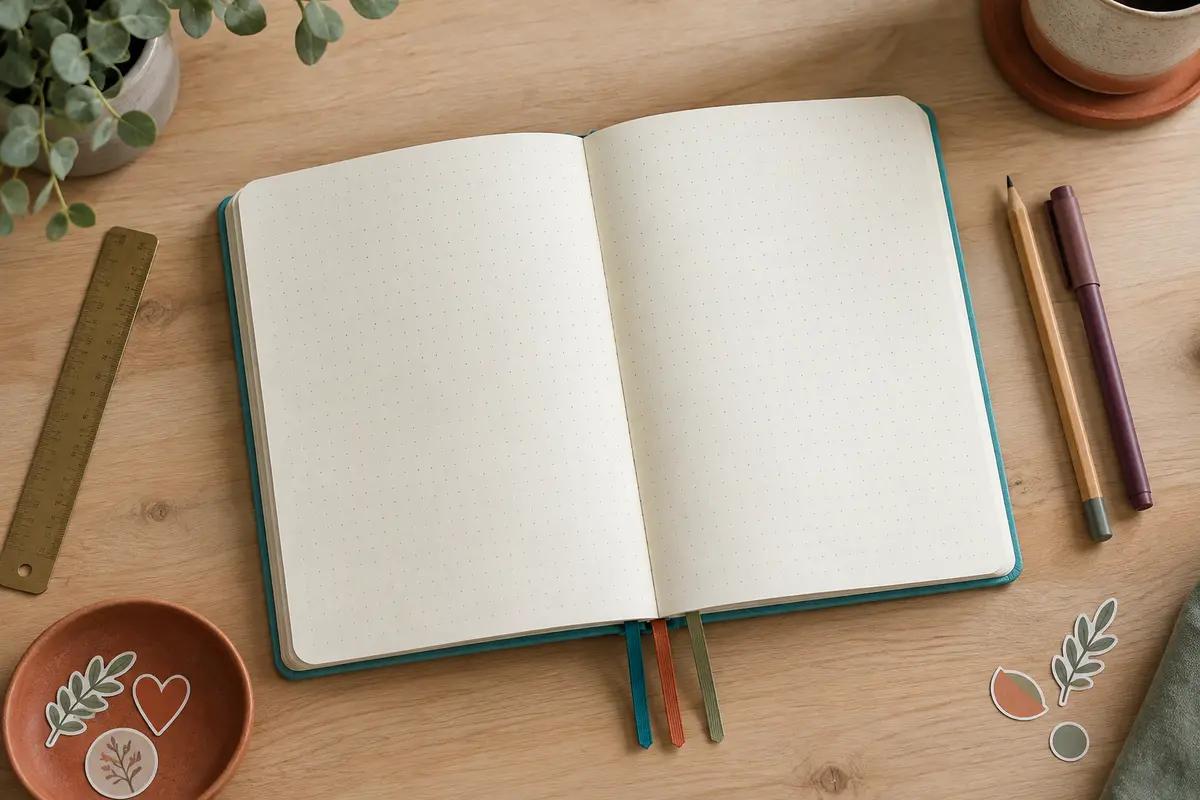 Carnet de bullet journal turquoise ouvert sur ses pages pointillées, avec trois signets et des accessoires de mise en page