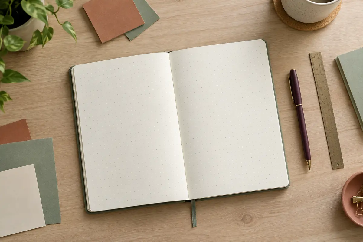 Carnet pointillé à couverture souple sauge ouvert sur un bureau avec quelques accessoires de bullet journal.
