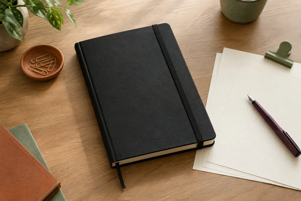 Carnet pointillé à couverture rigide noire posé sur un bureau avec des accessoires de mise en page