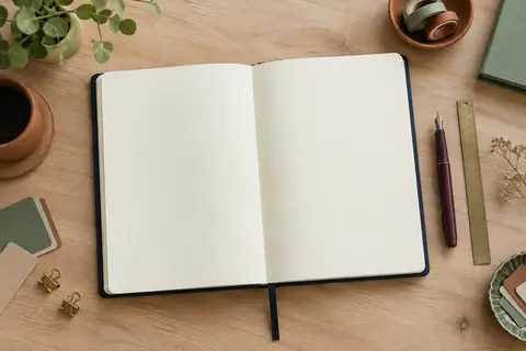 Carnet pointillé A4+ ouvert sur un bureau calme, accompagné d’accessoires de bullet journal