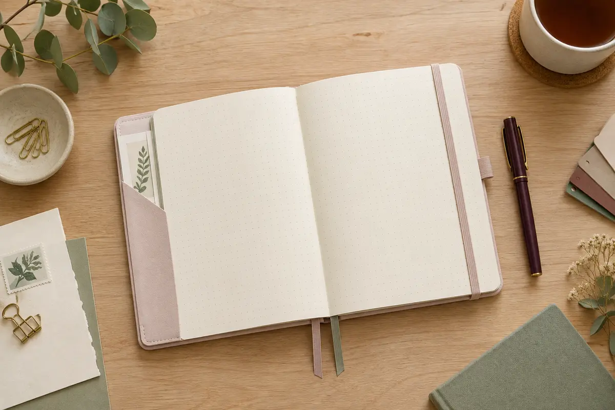 Carnet A5 pointillé ouvert sur un bureau, avec couverture pastel et accessoires de bullet journal