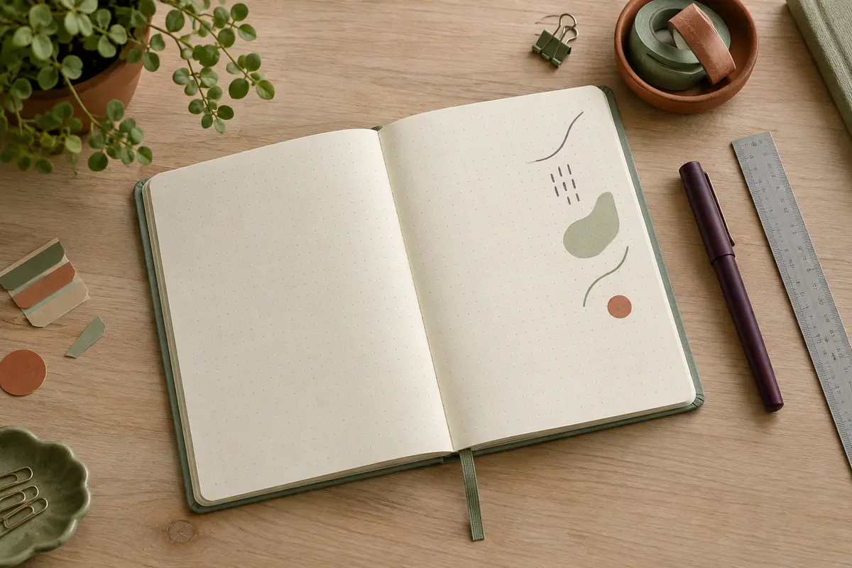 Carnet pointillé ouvert sur un bureau, avec couverture souple vert sauge et pages chamois clair