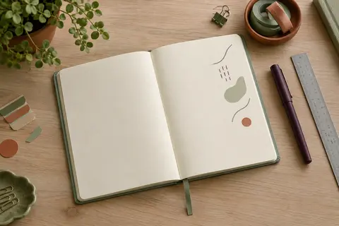 Carnet pointillé ouvert sur un bureau, avec couverture souple vert sauge et pages chamois clair