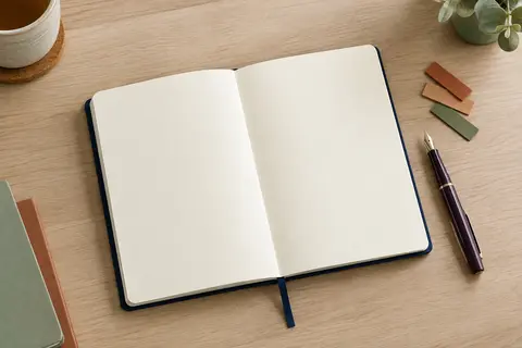 Carnet pointillé à couverture souple bleu marine ouvert sur un bureau avec un stylo et des accessoires de planification