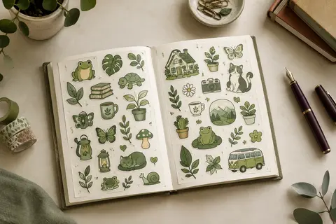 Carnet ouvert d’autocollants prédécoupés à motifs illustrés et à dominante verte pour planner ou bullet journal