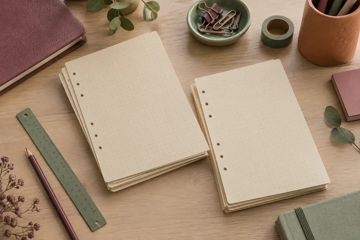 Feuilles beige pointillées à six trous pour recharge de classeur A6, disposées sur un bureau avec des accessoires de mise en page.