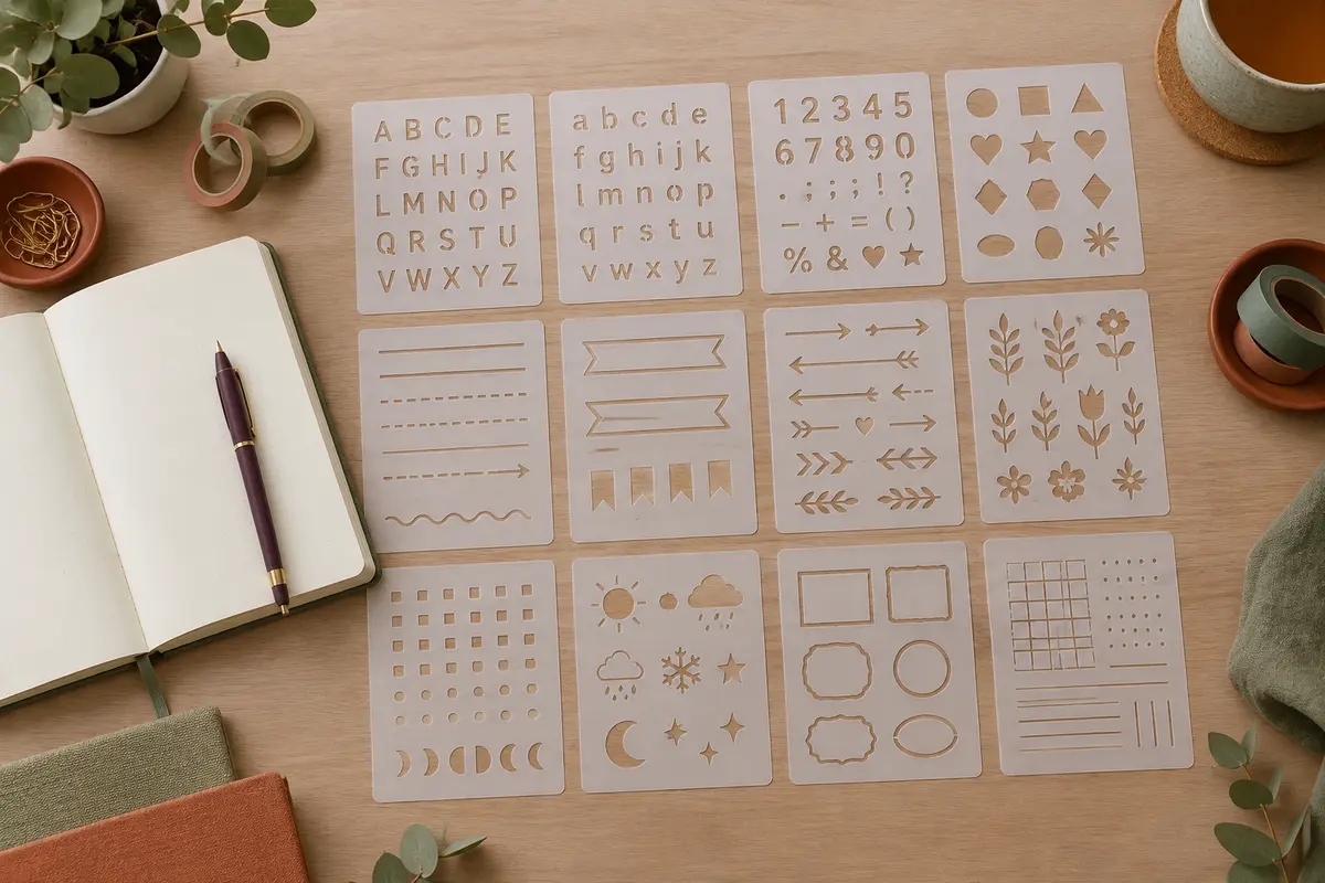 Seize pochoirs de bullet journal en PET laiteux posés près d’un carnet ouvert et d’accessoires de mise en page.