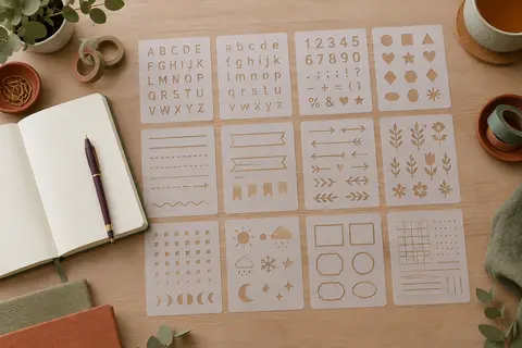 Seize pochoirs de bullet journal en PET laiteux posés près d’un carnet ouvert et d’accessoires de mise en page.