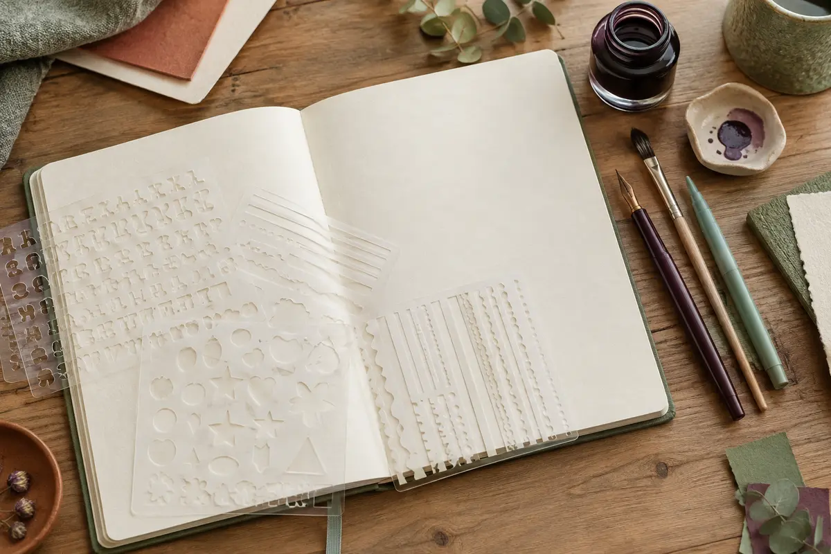 Pochoirs en PET pour bullet journal posés près d’un carnet ouvert et de quelques stylos