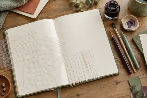 Pochoirs en PET pour bullet journal posés près d’un carnet ouvert et de quelques stylos