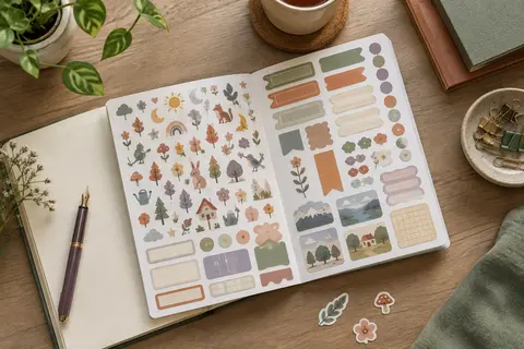 Carnet ouvert de stickers multicolores à motifs décoratifs posé sur un bureau de bullet journal