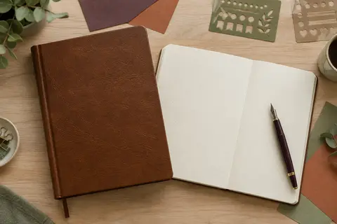 Carnet bullet journal à couverture marron posé près d’une page pointillée et de pochoirs sur un bureau