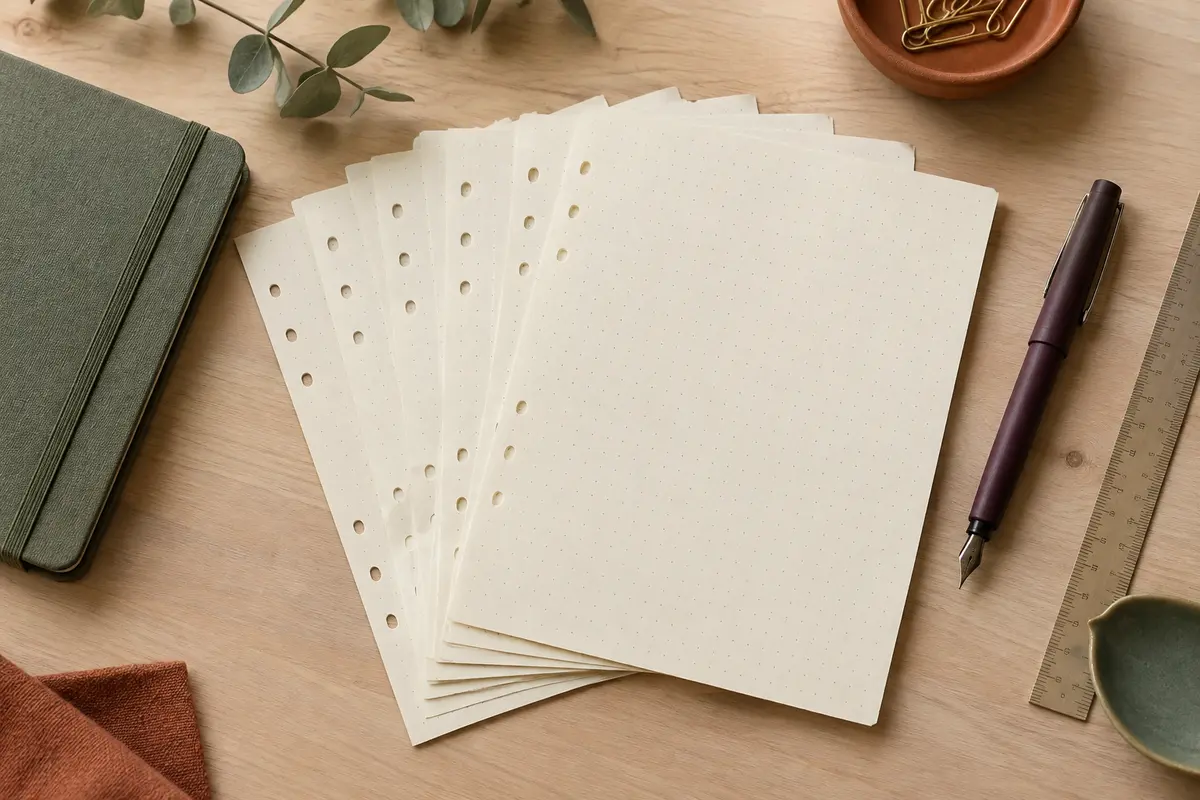 Feuilles crème pointillées à six trous disposées sur un bureau avec un carnet et des accessoires